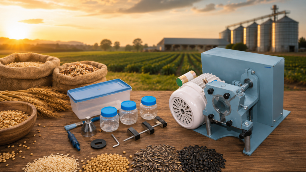 Agricultural seed processing machine with grains and seeds